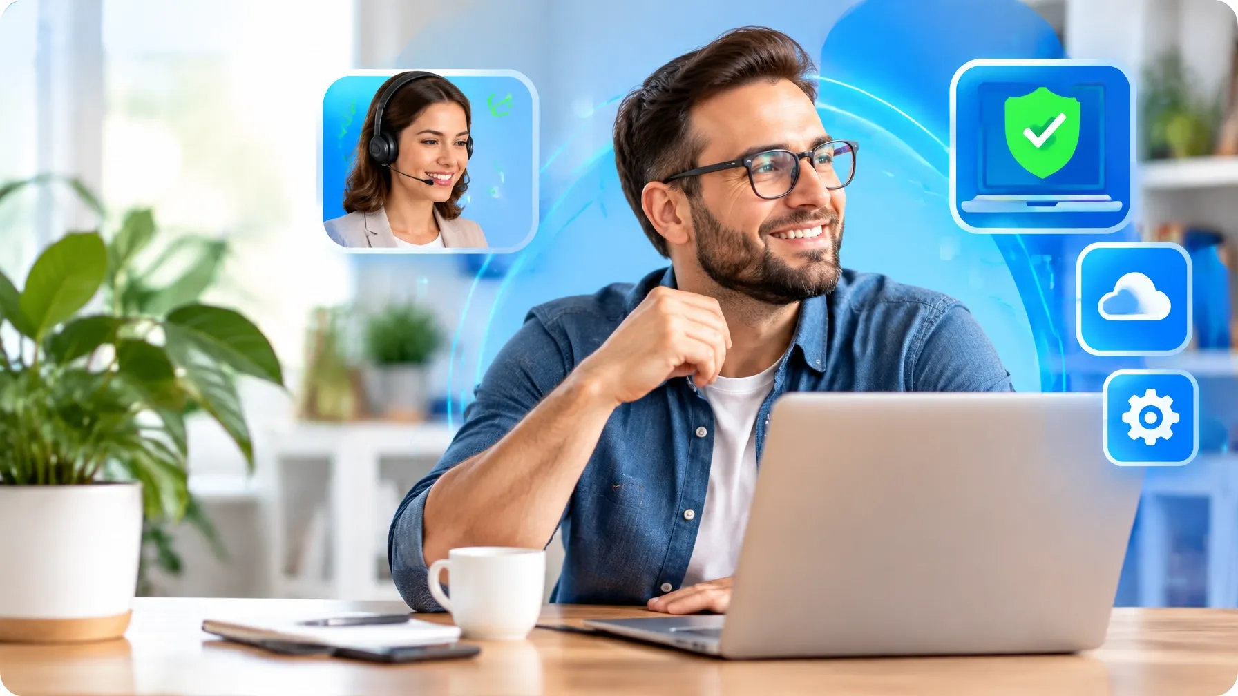 Smiling small business owner working on a laptop with technology support icons