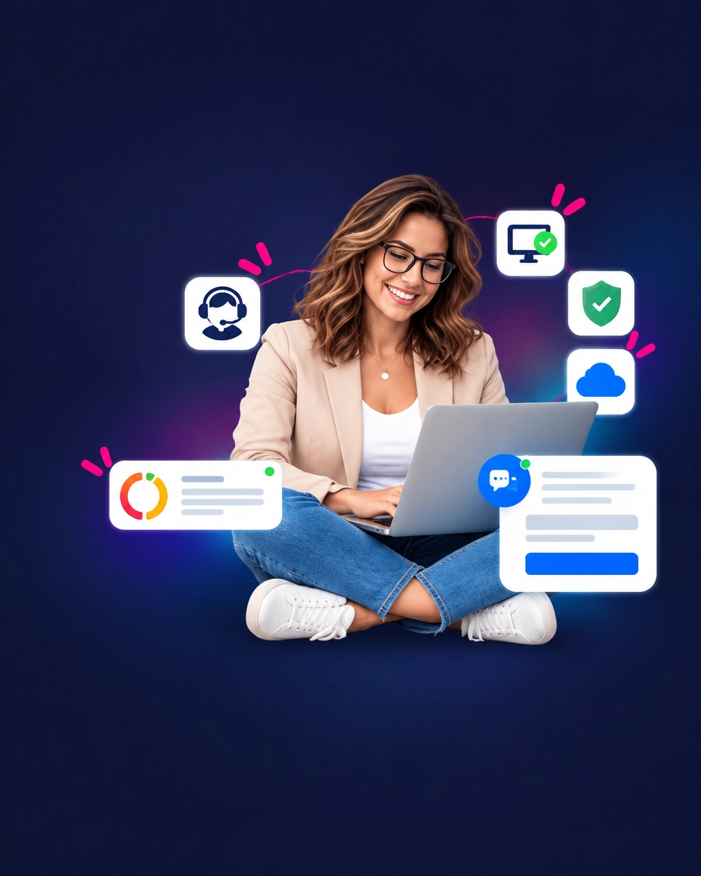 Friendly IT support specialist with a laptop and floating monitoring and help cards