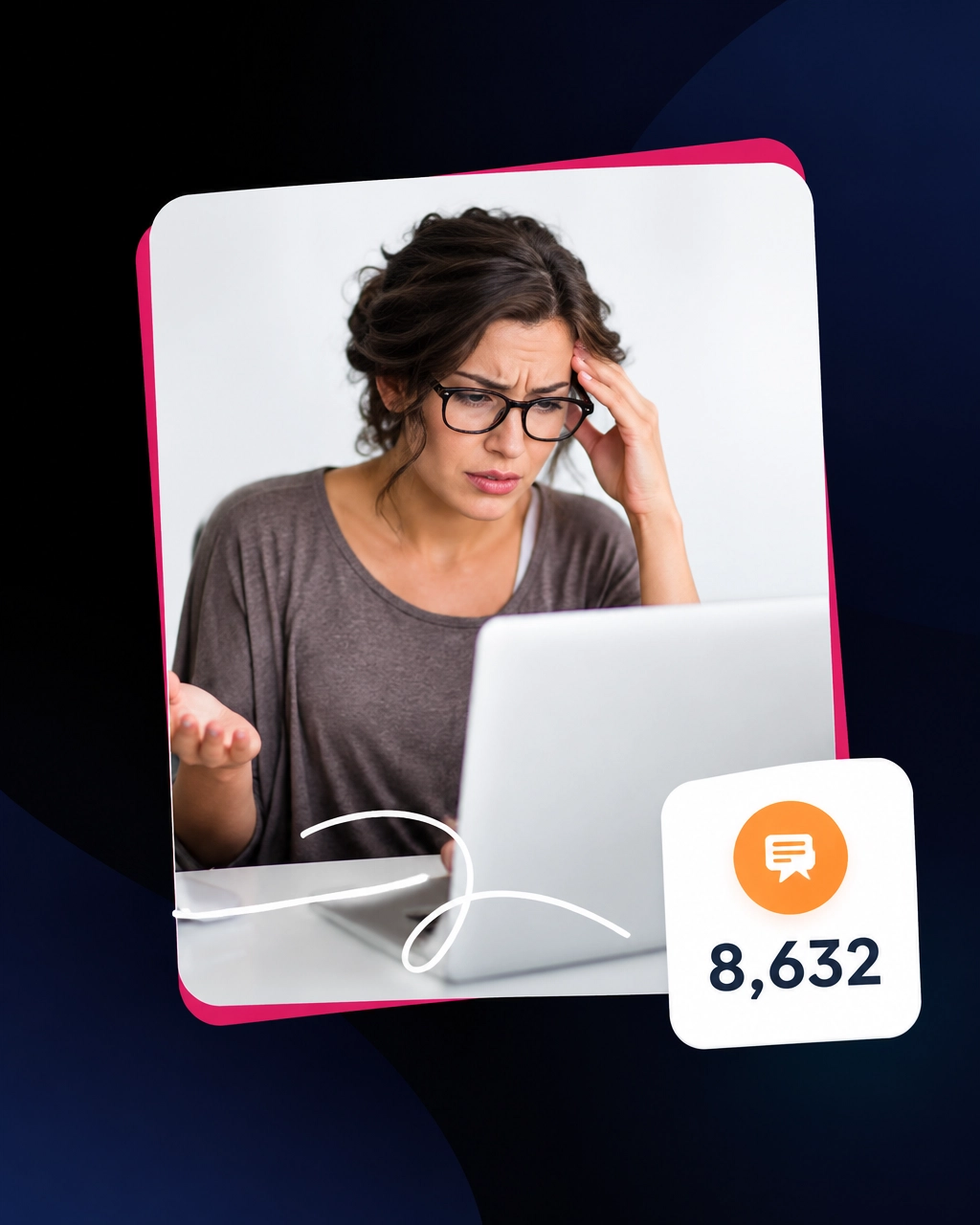 Worried business owner at a laptop with a support message badge